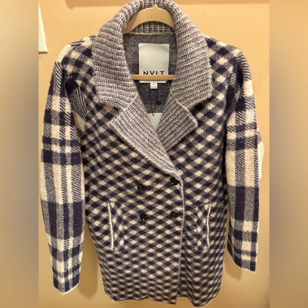 NWT NVLT CHECKERED PRINTED SOFT COATIGAN NAVY/WHITE WOMEN’S LARGE - Picture 5 of 16